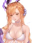  asymmetrical_bangs bangs bare_shoulders bikini breasts choker collarbone commentary granblue_fantasy hair_ornament hairband highres long_hair michudx orange_hair parted_lips pink_lips signature simple_background solo song_(granblue_fantasy) swimsuit wet white_background white_choker yellow_eyes 