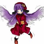  1girl between_legs blue_eyes blush boots brown_footwear dress female hand_between_legs hat have_to_pee jirene long_hair looking_at_viewer mou_shobou purple_hair red_dress red_hat sash shin_megami_tensei simple_background solo standing standing_on_one_leg white_background wings 