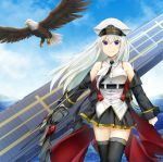  azur_lane bald_eagle bangs belt bird black_belt black_coat black_legwear black_neckwear black_skirt bow_(weapon) chysk_hm cloud cloudy_sky coat collared_shirt commentary_request day deck eagle enterprise_(azur_lane) eyebrows_visible_through_hair hair_between_eyes hat highres holding long_hair looking_at_viewer military miniskirt necktie ocean open_clothes open_coat peaked_cap pleated_skirt purple_eyes shirt silver_hair skirt sky sleeveless sleeveless_shirt smile solo standing thighhighs underbust weapon white_hat zettai_ryouiki 