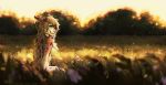  2018 anthro blonde_hair breasts day detailed_background digital_media_(artwork) featureless_breasts feline female grass hair lukiri mammal nude outside sitting sky smile solo 