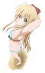  &gt;:) armpits arms_behind_head arms_up ass bikini blonde_hair blue_eyes bow breasts commentary_request foreshortening front-tie_bikini front-tie_top grin hair_bow long_hair looking_at_viewer ren_kon smile solo striped striped_bikini swimsuit teeth toshinou_kyouko twitter_username yuru_yuri 
