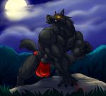  2018 5_fingers abs all_fours anthro biceps black_fur black_hair black_nose black_skin bulge canine clothed clothing cloud eyebrows forest full_moon fur glowing glowing_eyes hair hungothenomster looking_aside male mammal moon muscular muscular_male muscular_thighs night nipples pose sharp_teeth sky solo teeth tight_underwear topless tree underwear were werewolf wolf yellow_eyes 