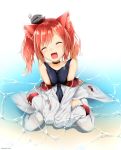  :d animal_ears azur_lane bangs bare_shoulders breasts cat_ears cat_tail closed_eyes collar commentary covered_navel day facing_viewer fang highres i-19_(azur_lane) kimidori3_karla long_sleeves medium_breasts medium_hair ocean open_mouth outdoors red_eyes red_hair school_swimsuit see-through short_twintails sleeves_past_fingers sleeves_past_wrists smile solo swept_bangs swimsuit tail thighhighs twintails wading wet wet_clothes white_legwear 