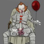  5_fingers balloon clothing clown crotch_tentacles drooling erection grey_background hair holding_object humanoid it knot looking_at_viewer male monstrous_humanoid nightmare_fuel not_furry open_mouth orange_hair penis penis_through_fly pennywise_the_dancing_clown poking_out saliva simple_background sitting solo spiked_penis taylakrueger tentacles tongue tongue_out unusual_penis yellow_eyes 