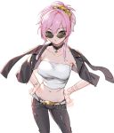  choker crop_top hair_ornament hands_on_hips highres idolmaster idolmaster_cinderella_girls jacket jacket_on_shoulders jougasaki_mika leather leather_jacket leather_pants looking_at_viewer menea midriff navel pants pink_hair pout short_ponytail sketch solo sunglasses 