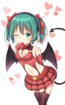  ;) akira_(been0328) black_wings bow box breasts cleavage cleavage_cutout demon_girl demon_tail demon_wings eyebrows_visible_through_hair garter_straps green_eyes green_hair groin hair_between_eyes hair_bow hatsune_miku heart heart-shaped_box heart_hunter_(module) highres leaning_forward microphone miniskirt mouth_hold navel one_eye_closed pleated_skirt project_diva_(series) red_bow red_skirt skirt small_breasts smile solo standing tail thighhighs twintails vocaloid white_background wings 
