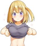  blonde_hair blush breasts commentary_request dairininn highres large_breasts looking_at_viewer navel purple_eyes shirt shirt_lift short_hair side_ponytail simple_background solo white_background 