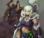  arm_belt arms_at_sides bangs belt blue_eyes breasts charge_blade closed_mouth collarbone commentary_request fur_trim gauntlets glowing hair_between_eyes hairband highres horn insect_cage jewelry kirin_(armor) lips loincloth long_hair looking_to_the_side medium_breasts monster_hunter monster_hunter:_world navel pendant ponytail satoshi1923 shield sidelocks smile solo sports_bra standing stomach sword thighhighs upper_body weapon white_hair 