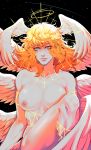  androgynous angel angel_wings areolae asuka_ryou blonde_hair blue_eyes breasts collarbone commentary devilman english_commentary feathered_wings halo head_wings hermaphrodite highres medium_breasts multiple_wings nipples satan_(devilman) solo spoilers tariah_furlow white_wings wings 