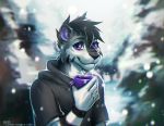  2018 5_fingers anthro black_hair black_nose digital_media_(artwork) feline fur grey_fur hair lukiri male mammal smile solo white_fur 