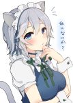  animal_ears arm_under_breasts blue_choker blue_eyes blue_ribbon blush bow braid breast_hold breasts cat_ears cat_tail check_translation choker commentary_request finger_to_chin green_bow hair_between_eyes hair_bow hair_ribbon hand_up highres izayoi_sakuya karasusou_nano kemonomimi_mode large_breasts looking_at_viewer maid maid_headdress puffy_short_sleeves puffy_sleeves ribbon short_hair short_sleeves silver_hair simple_background solo tail touhou translation_request twin_braids upper_body white_background wing_collar wrist_cuffs 