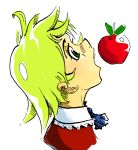  apple blonde_hair dress drsunshine food fruit green_eyes open_mouth original red_dress upper_body 