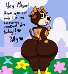  &lt;3 2018 aliasing animal_crossing anthro big_butt biped black_eyes bottomless bovine breasts brown_body brown_tail bubble_butt butt butt_focus cattle clothed clothing cloud digital_drawing_(artwork) digital_media_(artwork) english_text eyelashes featureless_feet featureless_hands female fence flower full-length_portrait gloves_(marking) hair hand_on_butt horn huge_butt klutzatdusk looking_at_viewer looking_back mammal markings medium_breasts multicolored_body muzzle_(marking) nintendo open_mouth open_smile orange_clothing orange_hair orange_horn outside patty_(animal_crossing) pink_tongue plant portrait rear_view shirt short_hair side_boob sky small_waist smile snout socks_(marking) solo standing tail_tuft tan_body text thick_thighs tongue tuft video_games wide_hips yellow_body 