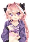  :d astolfo_(fate) bangs black_bow black_ribbon blush bow bra braid breast_pocket commentary_request eyebrows_visible_through_hair eyes_visible_through_hair fang fate/apocrypha fate_(series) hair_between_eyes hair_bow hair_intakes hair_ribbon hand_on_own_chest hands_up head_tilt hood hood_down hoodie long_hair long_sleeves looking_at_viewer male_focus multicolored_hair nekomiya_noru_(yuduki710) open_clothes open_hoodie open_mouth otoko_no_ko pink_bra pink_hair pocket purple_eyes purple_hoodie purple_shirt ribbon shiny shiny_hair shirt shirt_lift simple_background single_braid smile solo streaked_hair striped striped_shirt underwear upper_body white_background white_hair white_shirt 