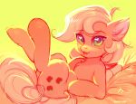  2018 applejack_(mlp) blep blonde_hair chest_tuft cute cutie_mark earth_pony equine eyebrows eyelashes female feral freckles friendship_is_magic fur green_eyes hair hay hi_res hooves horse inner_ear_fluff legs_up lispp looking_at_viewer lying mammal my_little_pony nude on_back pony portrait signature simple_background solo tongue tongue_out tuft yellow_background 