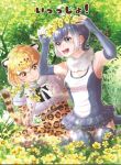  animal_ears animal_print belt blonde_hair blue_eyes bow bowtie commentary_request elbow_gloves eyebrows_visible_through_hair fingerless_gloves flower fur_collar gloves grey_hair head_wreath jaguar_(kemono_friends) jaguar_ears jaguar_print jaguar_tail kemono_friends multicolored_hair multiple_girls nun_(nun_lily) one-piece_swimsuit otter_ears otter_tail short_hair short_sleeves skirt small-clawed_otter_(kemono_friends) sweatdrop swimsuit tail thighhighs translation_request wavy_mouth white_hair yellow_eyes 