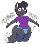  &lt;3 &lt;3_eyes 5_fingers acstlu anthro biped black_fur black_hair black_nose bulge canine clothed clothing dipstick_tail english_text fluffy fluffy_tail fox fur girly grey_fur hair happy inviting looking_at_viewer male mammal multicolored_fur multicolored_tail pants_down partially_clothed phurcy pose purple_eyes seductive shirt simple_background smile snout solo standing teasing text thick_thighs two_tone_fur two_tone_tail underwear voluptuous white_background white_fur wide_hips 