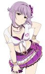  :3 belt beltskirt bow bra bracelet breasts brown_eyes chain choker cleavage collarbone commentary_request front-tie_top hair_ornament hairclip hand_on_hip head_tilt heart idolmaster idolmaster_cinderella_girls idolmaster_cinderella_girls_starlight_stage jewelry koshimizu_sachiko looking_at_viewer mattaku_mousuke medium_breasts midriff miniskirt navel necklace pink_bra purple_hair short_hair skirt smile solo standing striped striped_bow underwear 