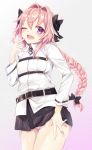  ;d astolfo_(fate) bangs belt belt_buckle black_belt black_bow black_ribbon black_skirt blush bow braid buckle bulge chaldea_uniform collared_shirt commentary_request cosplay cowboy_shot crossdressing dress_shirt eyebrows_visible_through_hair fang fate/grand_order fate_(series) finger_to_cheek fujimaru_ritsuka_(female) fujimaru_ritsuka_(female)_(cosplay) gradient gradient_background grey_background hair_between_eyes hair_bow hair_intakes hair_ribbon hand_on_own_thigh hand_up heart legs_together long_hair long_sleeves looking_at_viewer male_focus multicolored_hair nekomiya_noru_(yuduki710) one_eye_closed open_mouth otoko_no_ko panties pink_background pink_hair pink_panties polka_dot polka_dot_background purple_eyes ribbon shiny shiny_hair shiny_skin shirt sidelocks single_braid skirt smile solo standing streaked_hair striped underwear vertical-striped_panties vertical_stripes white_hair white_shirt 