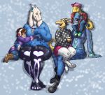  alphys beverage carrying clothed clothing happy hot_chocolate hug kitterjitters leggings legwear monster_kid on_lap piggyback protagonist_(undertale) sitting_on_lap snow toriel undertale undyne video_games 