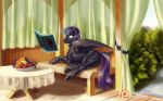  16:10 black_horse book equine fan_character female food fruit garden hair hooves horn horse invalid_tag kirillk mammal my_little_pony nyx_(mlp) pony purple_hair reading slit_pupils unicorn wallpaper winged_unicorn wings 