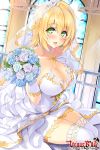  :d blonde_hair bouquet breasts bride chandelier cleavage copyright_name dress earrings eyebrows_visible_through_hair flower gloves green_eyes hand_up highres hisenkaede indoors jewelry large_breasts lipstick looking_at_viewer makeup nail_polish necklace official_art open_mouth pearl_necklace ring short_hair sitting smile thighhighs veil venus_blade watermark white_dress white_gloves white_legwear window 