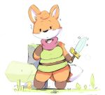  anthro blush blush_stickers breasts canine chibi dipstick_tail dot_eyes elchilenito eyelashes female fox fur green_clothing holding_object holding_weapon mammal melee_weapon multicolored_tail orange_fur scarf simple_background slightly_chubby standing sword thick_thighs tunic tunic_(video_game) weapon white_background 
