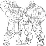  alien armor boots bulge clothed clothing duo flexing footwear greyscale helmet huge_muscles loincloth male monochrome mr_canvas muscular muscular_male not_furry pecs smile standing zinyak 