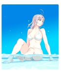  antenna_hair arm_support barefoot bikini blue_background border breasts full_body gradient gradient_background green_eyes grey_hair highres kantai_collection kinugasa_(kantai_collection) looking_to_the_side medium_breasts medium_hair navel partially_submerged partially_underwater_shot rounded_corners shallow_water sitting smile solo swimsuit water white_bikini white_border yuuji_(and) 