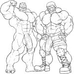  alien armor balls big_penis boots bulge clothed clothing duo flaccid flexing footwear greyscale helmet huge_muscles humanoid_penis male monochrome mr_canvas muscular muscular_male not_furry nude pecs penis penis_through_fly poking_out retracted_foreskin smile standing uncut vein veiny_penis zinyak 