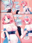  &lt;3 anthro big_breasts blue_eyes blue_fur blush bow_tie breasts canine clothed clothing comic crunchobar dialogue dog duo english_text exposed_breasts female fox fur hair inner_ear_fluff maid_uniform male male/female mammal multicolored_fur nipples pink_hair text two_tone_fur undressing uniform white_fur 