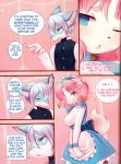  anthro blue_eyes blue_fur bow_tie breasts canine clothed clothing comic crunchobar dialogue dog duo english_text female fox fur hair inner_ear_fluff maid_uniform male male/female mammal multicolored_fur pink_hair text two_tone_fur uniform white_fur 