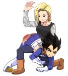  1boy 1girl android_18 ass black_hair blonde_hair butt_crack discipline domination dragon_ball dragonball_z exposed_ass femdom handprint hetero male malesub over_the_knee punishment red_ass smile spanked spanking tears top-down_bottom-up torn_clothes torn_pants vegeta 
