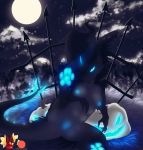  2018 4_fingers 4_toes biped black_fur black_scales blue_eyes blue_horn blue_nipples blue_pawpads blue_pussy breasts cannibalistic_tendencies clitoris cloud digital_media_(artwork) dragon female fence fur furred_dragon glowing glowing_eyes glowing_horn glowing_nipples glowing_pawpads glowing_pussy grass grey_fur half-closed_eyes halloween holidays horn jack-o&#039;-lantern looking_at_viewer lying moon naoru night nipples nude on_back outside patreon pawpads paws presenting presenting_pussy pussy scales seductive semi-anthro small_breasts smile smooth_horn solo spikes spread_legs spreading star toes watermark wingless_dragon 