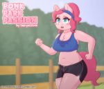  2018 animated anthro blue_eyes blush_sticker clothing earth_pony english_text equine female fence friendship_is_magic hair horse jogging mammal my_little_pony nipple_bulge omegaozone open_mouth outside pink_hair pinkie_pie_(mlp) pony solo sweat text url 