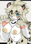  1girl artist_reqeust blonde_hair breasts furry leopard nipples open_mouth solo teal_eyes 