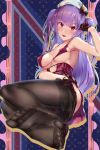  absurdres ajax_(azur_lane) ass azur_lane black_gloves black_legwear bow breasts cleavage commentary_request covered_nipples eyebrows_visible_through_hair feet gloves half_gloves hand_up hat high-waist_skirt highres kakumayu long_hair looking_at_viewer medium_breasts nipple_slip nipples pantyhose pantyhose_pull purple_hair red_eyes remodel_(azur_lane) sitting skirt soles solo two_side_up underbust v-shaped_eyebrows 