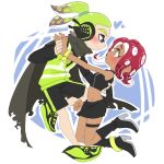  1girl arms_behind_back banamiluv bike_shorts black_skirt blue_eyes blush boots bracelet cape green_hair headset holding_hands inkling jewelry long_hair octoling octopus pointy_ears ponytail red_hair safety_vest simple_background skirt splatoon_(series) splatoon_1 splatoon_2 splatoon_2:_octo_expansion sportswear squid squidbeak_splatoon tan tentacle_hair yellow_eyes 