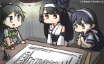  :d bare_shoulders black_hair blue_eyes blue_sailor_collar blue_skirt brown_eyes bug chibi commentary_request dated detached_sleeves fusou_(kantai_collection) hair_ornament hamu_koutarou headband highres insect japanese_clothes kantai_collection katsuragi_(kantai_collection) long_hair multiple_girls nontraditional_miko open_mouth pleated_skirt red_eyes remodel_(kantai_collection) sailor_collar school_uniform serafuku short_sleeves skirt smile ushio_(kantai_collection) v-shaped_eyebrows white_headband 