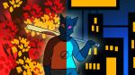  abstract_background autumn baseball_bat city cityscape clothed clothing hair kitterjitters looking_at_viewer mae_(nitw) night_in_the_woods short_hair 