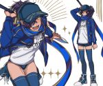  artoria_pendragon_(all) baseball_cap black_hair blue_legwear blush cosplay fate/grand_order fate_(series) hair_over_one_eye hat highres himitsucalibur koha-ace male_focus mysterious_heroine_x mysterious_heroine_x_(cosplay) name_tag okada_izou_(fate) orange_eyes ponytail shi_(osakana_dake) short_shorts shorts solo sparkle sweatdrop sword thighhighs weapon 