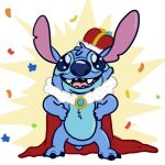  2018 alien ashley_graham_(artist) blue_eyes blue_fur blue_nose brooch cape cheek_tuft chest_tuft clothing crown digital_drawing_(artwork) digital_media_(artwork) disney experiment_(species) front_view fur gem hands_on_waist head_tuft hi_res king lilo_and_stitch looking_at_viewer mostly_nude notched_ear open_mouth open_smile pose royalty signature simple_background small_tail smile standing stitch toony tuft 