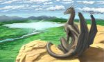  2014 claws cloud day detailed_background digital_media_(artwork) dragon feral grey_scales horn kerydragon lake membranous_wings outside river scales scalie sitting sky solo spines water western_dragon wings 