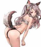  animal_ears ass azur_lane bare_shoulders bent_over breasts cowboy_shot dog_ears dog_tail eyebrows_visible_through_hair flower grey_hair hair_flower hair_ornament highres juu_roku_gen long_hair medium_breasts open_mouth red_eyes sarashi simple_background solo tail thighs thong underwear underwear_only white_background yuudachi_(azur_lane) 