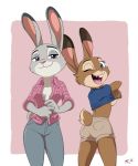  2018 anthro blue_eyes breasts buckteeth butt clothed clothing deannart disney duo eyelashes female fur jeans judy_hopps lagomorph looking_at_viewer looking_back mammal open_mouth open_shirt open_smile pants purple_eyes rabbit shirt shorts simple_background smile teeth tongue trisha_(deannart) undressing zootopia 
