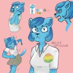  2017 anthro blue_fur blue_hair breasts cartoon_network cat clothing digital_media_(artwork) feline female fur hair hi_res looking_at_viewer mammal nicole_watterson open_mouth pin_button pink_background pose running shirt simple_background skirt solo stagside standing the_amazing_world_of_gumball whiskers 