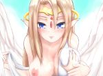  1girl blonde_hair blue_eyes breast_grab breast_squeeze breasts feathered_wings goddess ilias large_breasts mon-musu_quest! nipples pointy_ears smile tiara wings 