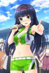  4boys alternative_girls bangs belt black_hair blunt_bangs blush bow breasts cleavage cloud cloudy_sky collarbone cropped_jacket day embarrassed green_eyes green_jacket green_shorts hair_bow highres holding holding_microphone jacket long_hair looking_at_viewer microphone multiple_boys navel nose_blush official_art open_mouth outdoors pointing pointing_at_viewer race_queen red_bow shorts sky standing tendou_machi zipper 
