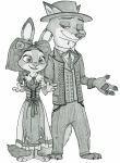  2016 3_toes 4_fingers anthro barefoot big_eyes buckteeth canine claws clothed clothing corset dipstick_ears dipstick_tail disney dress duo female fox fully_clothed greyscale hand_on_shoulder hat hi_res jacket judy_hopps lagomorph lingerie long_ears male mammal monochrome multicolored_tail nick_wilde open_mouth open_smile pants rabbit simple_background smile standing teeth toes white_background ziegelzeig zootopia 