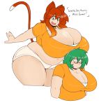  2015 animal_humanoid bell big_breasts breasts brown_hair cat_humanoid cat_tail cleavage clothed clothing collar duo eikasianspire english_text eyewear feline female glasses green_eyes green_hair hair hi_res huge_breasts human humanoid long_hair looking_down mammal nails obese open_mouth overweight overweight_female shirt short_hair shorts simple_background smile standing text thick_thighs tight_clothing white_background wide_hips 